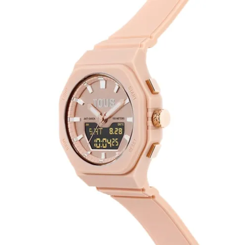 Relógio analógico/digital em aço IPRG nude com bracelete em nylon rosa Bet