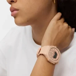 Relógio analógico/digital em aço IPRG nude com bracelete em nylon rosa Bet