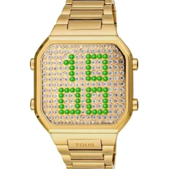 Relógio digital com bracelete em aço IPG dourado e caixa com ledes D-BEAR