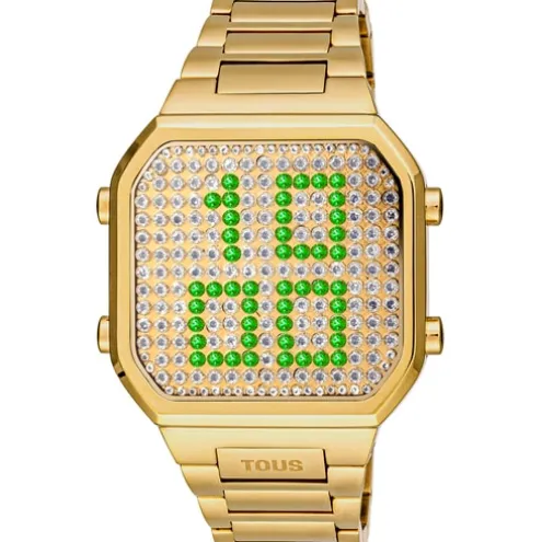 Relógio digital com bracelete em aço IPG dourado e caixa com ledes D-BEAR