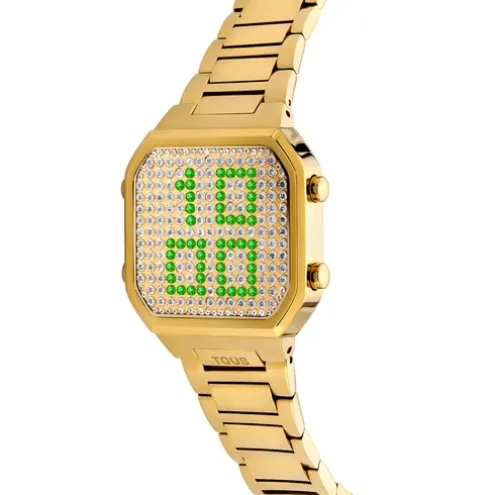 Relógio digital com bracelete em aço IPG dourado e caixa com ledes D-BEAR