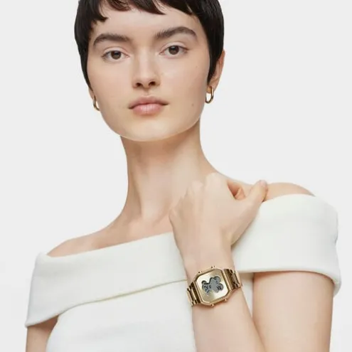 Relógio digital com bracelete em aço IPG dourado e zircónias D-BEAR