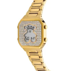 Relógio digital com bracelete em aço IPG dourado e zircónias D-BEAR