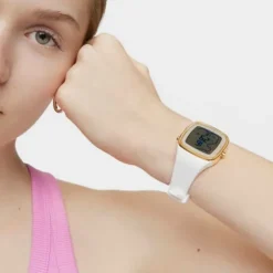 Relógio digital com correia de silicone na cor branca e caixa em aço IPG dourado TOUS B-Time