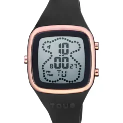 Relógio digital com correia de silicone na cor preta e caixa em aço IPRG rosado TOUS B-Time