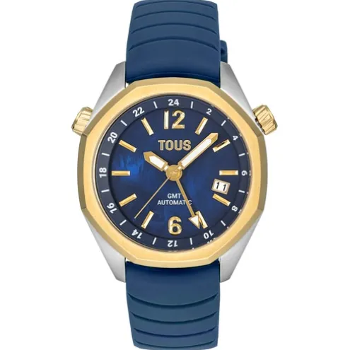 Relógio gmt automático com correia de silicone azul-marinho, caixa em aço IPG dourado e mostrador em madrepérola TOUS Now