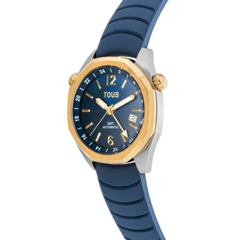 Relógio gmt automático com correia de silicone azul-marinho, caixa em aço IPG dourado e mostrador em madrepérola TOUS Now