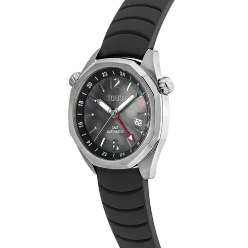 Relógio gmt automático com correia de silicone preta, caixa em aço e mostrador em madrepérola TOUS Now