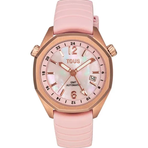 Relógio gmt automático com correia de silicone rosa, caixa em aço IPRG rosa e mostrador em madrepérola TOUS Now