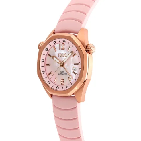 Relógio gmt automático com correia de silicone rosa, caixa em aço IPRG rosa e mostrador em madrepérola TOUS Now