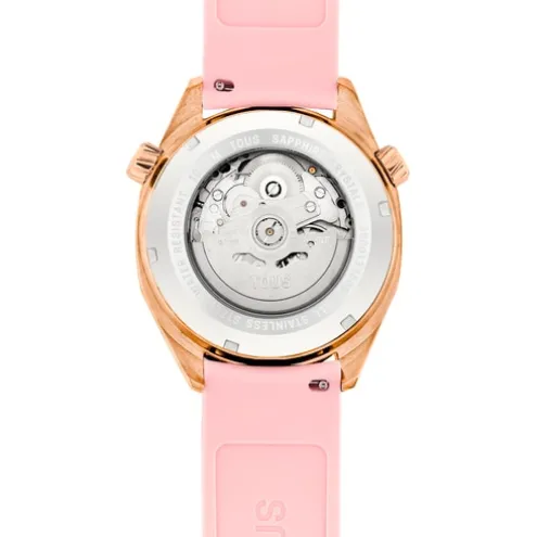Relógio gmt automático com correia de silicone rosa, caixa em aço IPRG rosa e mostrador em madrepérola TOUS Now