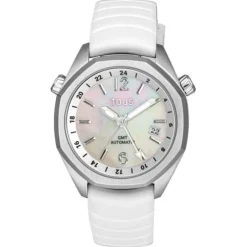 Relógio gmt automático com correia de silicone branca, caixa em aço e mostrador em madrepérola TOUS Now