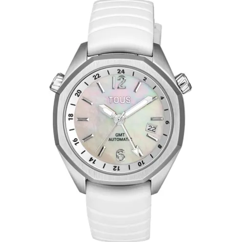 Relógio gmt automático com correia de silicone branca, caixa em aço e mostrador em madrepérola TOUS Now