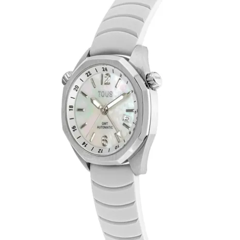 Relógio gmt automático com correia de silicone branca, caixa em aço e mostrador em madrepérola TOUS Now