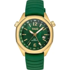 Relógio gmt automático com correia de silicone verde, caixa em aço IPG dourado e mostrador em madrepérola TOUS Now