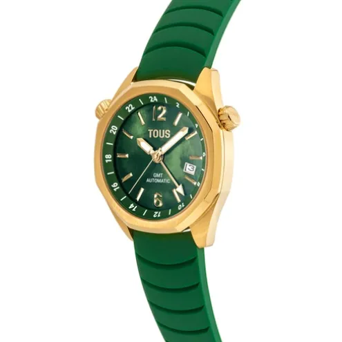 Relógio gmt automático com correia de silicone verde, caixa em aço IPG dourado e mostrador em madrepérola TOUS Now