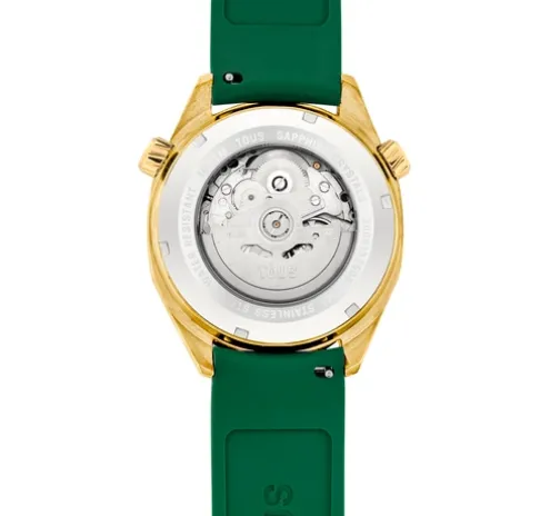 Relógio gmt automático com correia de silicone verde, caixa em aço IPG dourado e mostrador em madrepérola TOUS Now