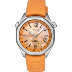 Relógio gmt automático com correia de silicone na cor salmão, caixa em aço e mostrador em madrepérola TOUS Now