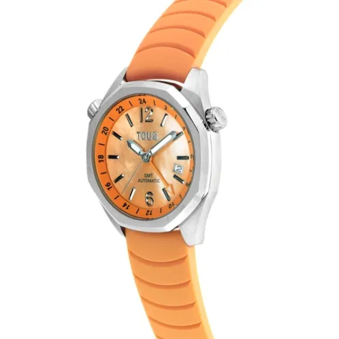 Relógio gmt automático com correia de silicone na cor salmão, caixa em aço e mostrador em madrepérola TOUS Now