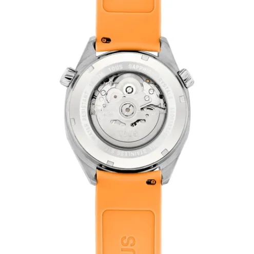 Relógio gmt automático com correia de silicone na cor salmão, caixa em aço e mostrador em madrepérola TOUS Now