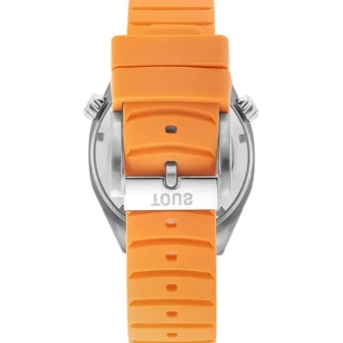 Relógio gmt automático com correia de silicone na cor salmão, caixa em aço e mostrador em madrepérola TOUS Now