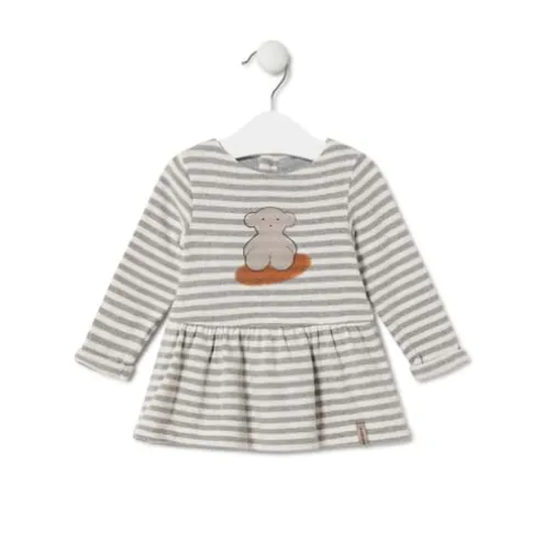 Vestido de menina às riscas com Urso Grey cor crua