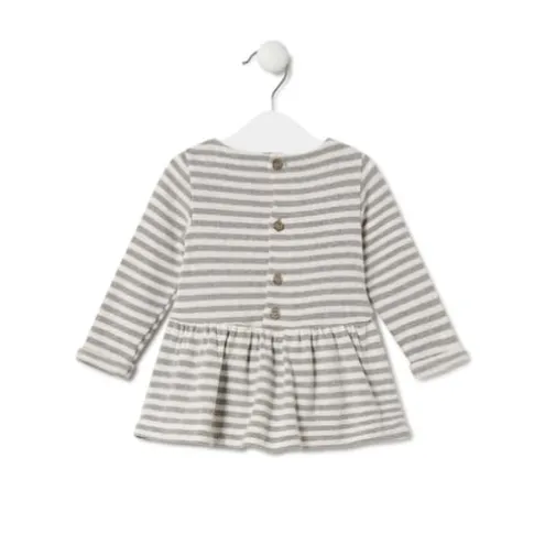 Vestido de menina às riscas com Urso Grey cor crua