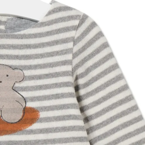 Vestido de menina às riscas com Urso Grey cor crua